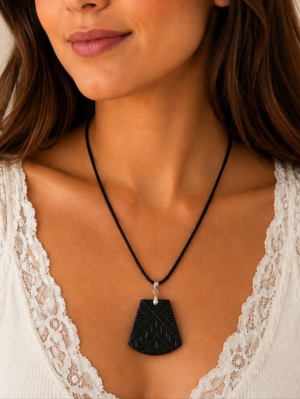 Vintage 1970s Black Geometric Carved Lucite Tribal Pendant Rope Necklace